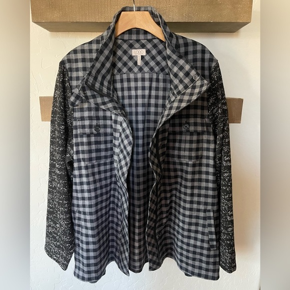 LOGO Lori Goldstein| Gray Plaid Jacket with Contrast Sleeves, Size XL•••Shaket - Picture 2 of 15